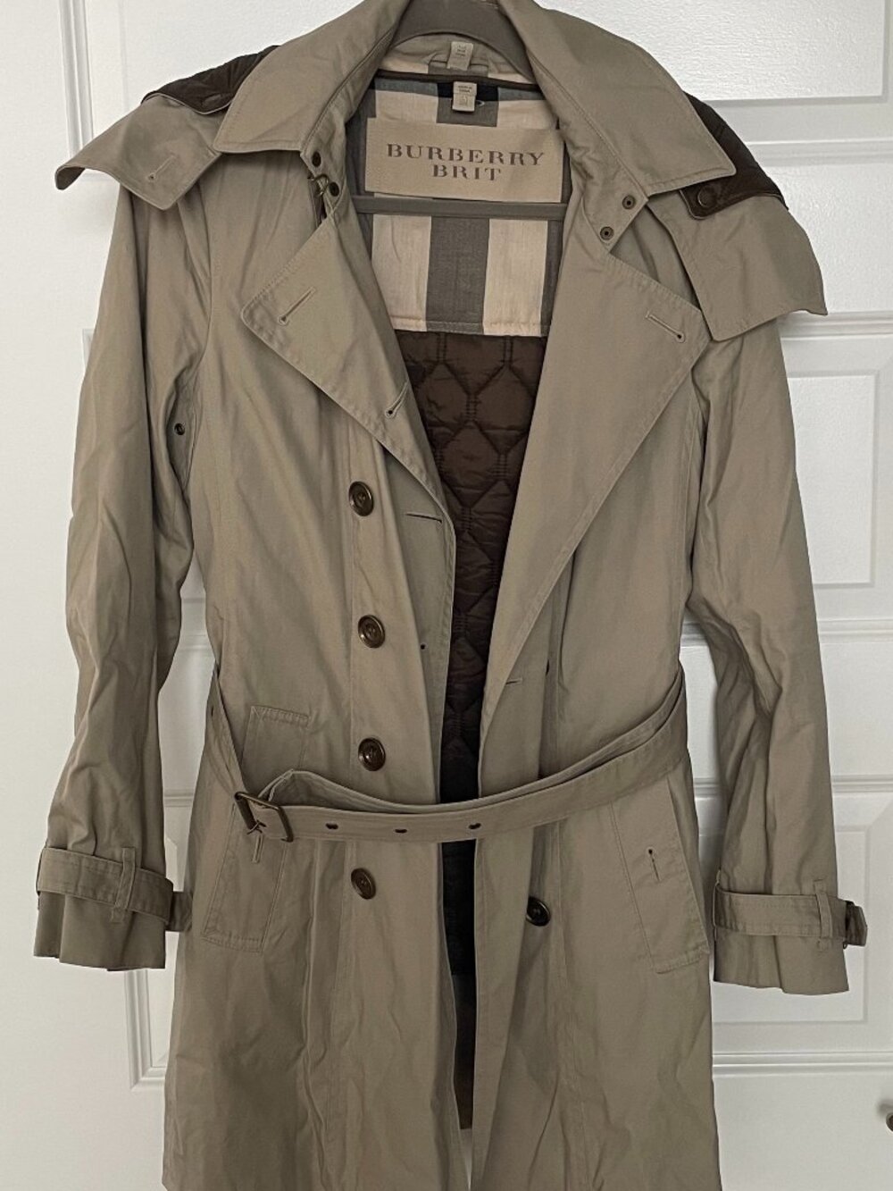 Burberry Brit Tan Double Breasted Short Cotton Trench Coat with Vest Size 8 - Picture 2 of 13